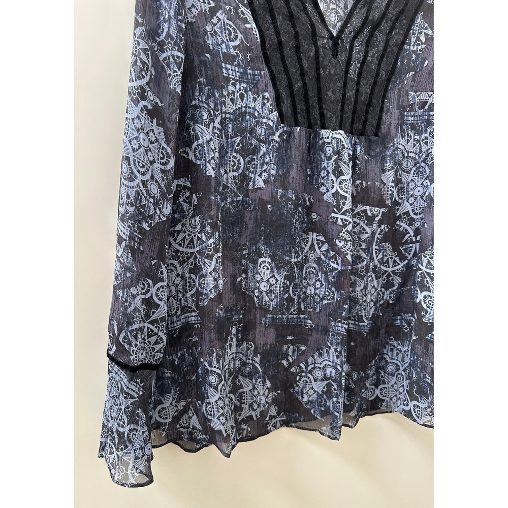 Sundance Silk Semi Sheer Blouse Velvet Trim Boho Print Top Blue Womens Size 4 - Picture 3 of 8